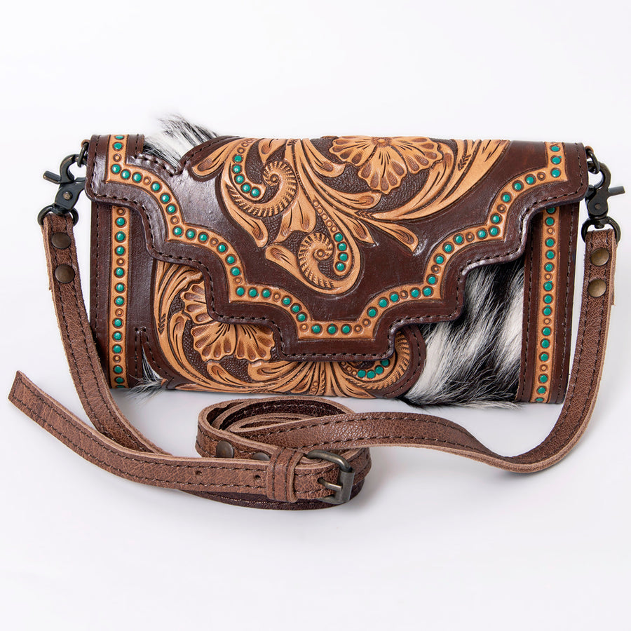 American Darling Wallet, Hair-On Cowhide & Hand Tooled Floral Leather, Genuine Vegetable-Tanned Western Leather Clutch