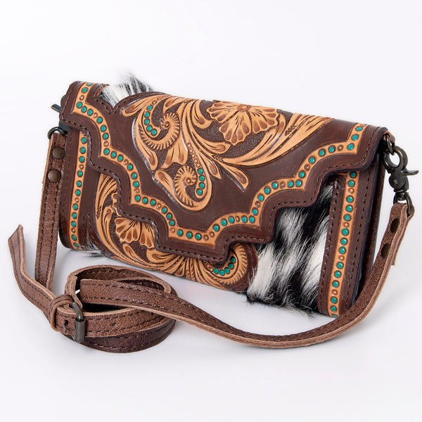 American Darling Handcrafted Hair-On Cowhide Wallet with Hand Tooled Floral Carved Leather - Uhorse