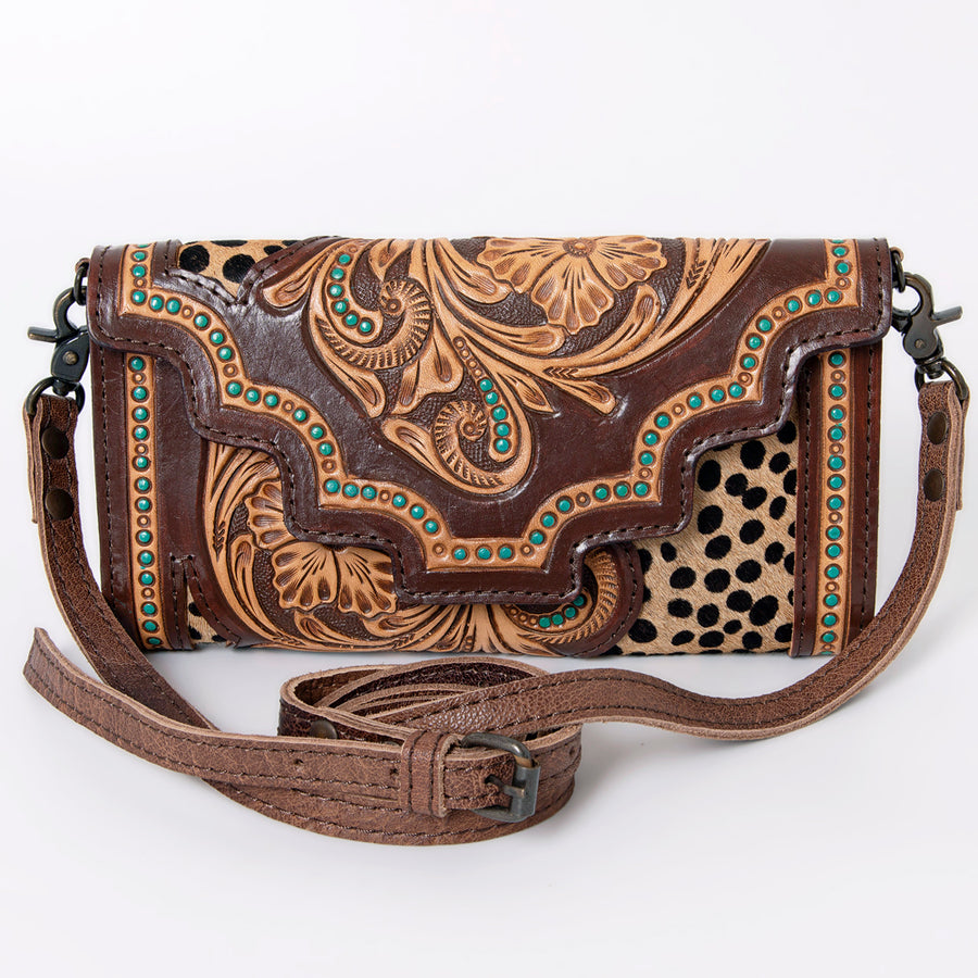 American Darling Wallet, Hair-On Cowhide & Hand Tooled Floral Leather, Genuine Vegetable-Tanned Western Leather Clutch
