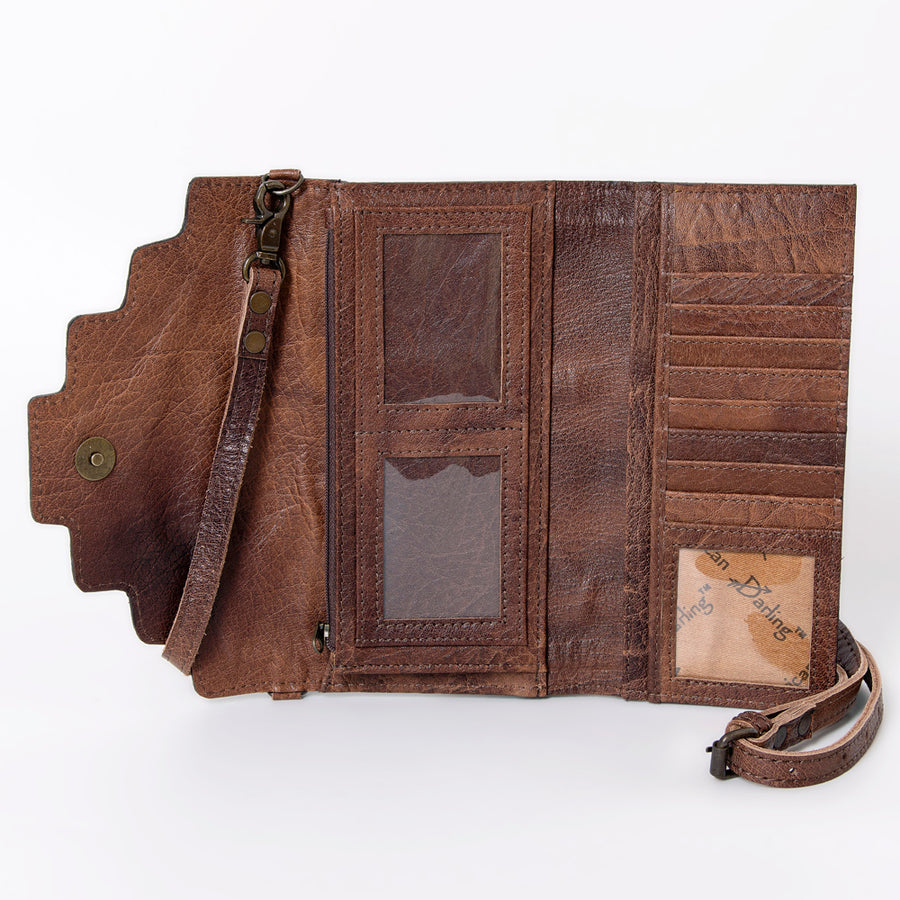 American Darling Wallet, Hair-On Cowhide & Hand Tooled Floral Leather, Genuine Vegetable-Tanned Western Leather Clutch