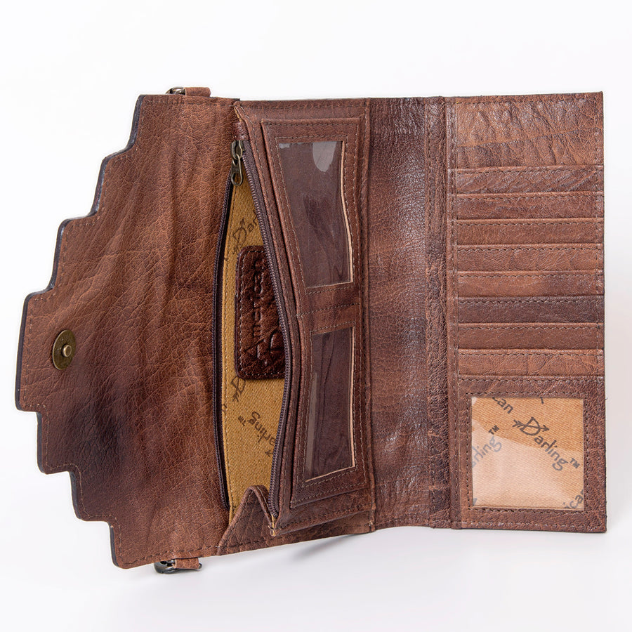 American Darling Wallet, Hair-On Cowhide & Hand Tooled Floral Leather, Genuine Vegetable-Tanned Western Leather Clutch