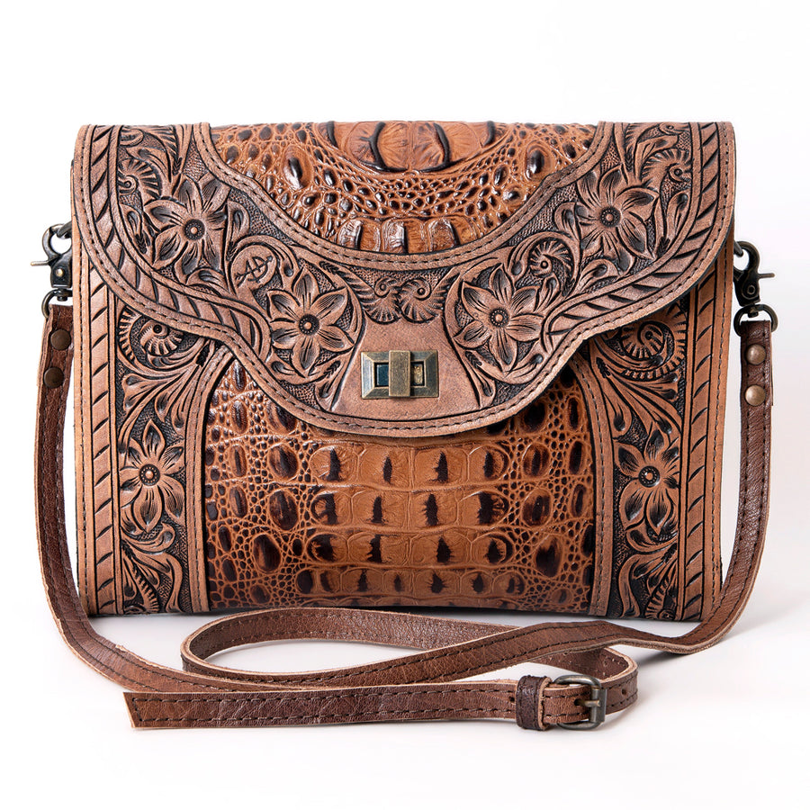 American Darling Small Cross body Bag, Crocodile Embossed Genuine Leather, Eco-Friendly Vegetable Tanned Western Purse