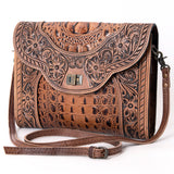 American Darling ADBG942 Crossbody Hand Tooled Crocodile Embossed Genuine Leather Women Bag Western Handbag Purse