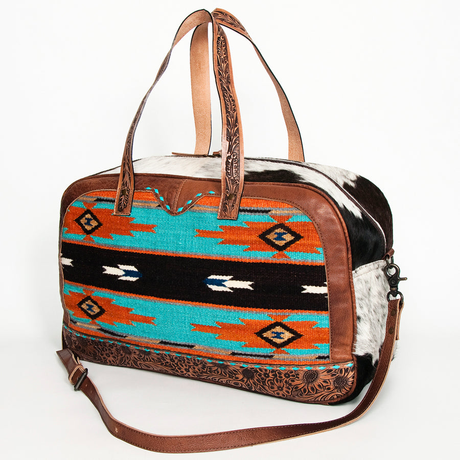 American Darling Handcrafted Western Leather Duffel with Hand Woven Saddle Blanket and Cowhide - Uhorse