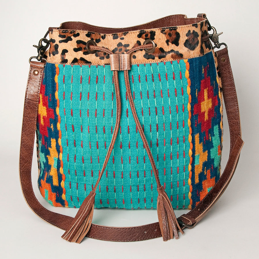 American Darling Bucket Bag Hand Woven Saddle Blanket Hair-On Cowhide Genuine Leather Western Purse with YKK Zipper