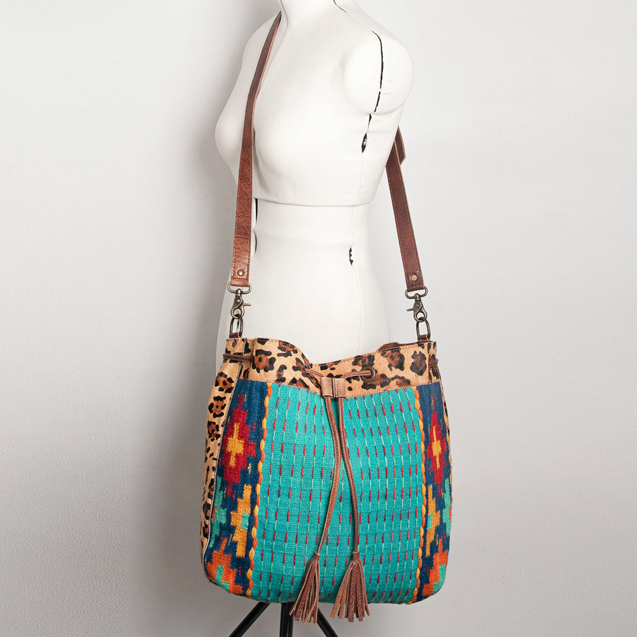 American Darling Bucket Bag Hand Woven Saddle Blanket Hair-On Cowhide Genuine Leather Western Purse with YKK Zipper