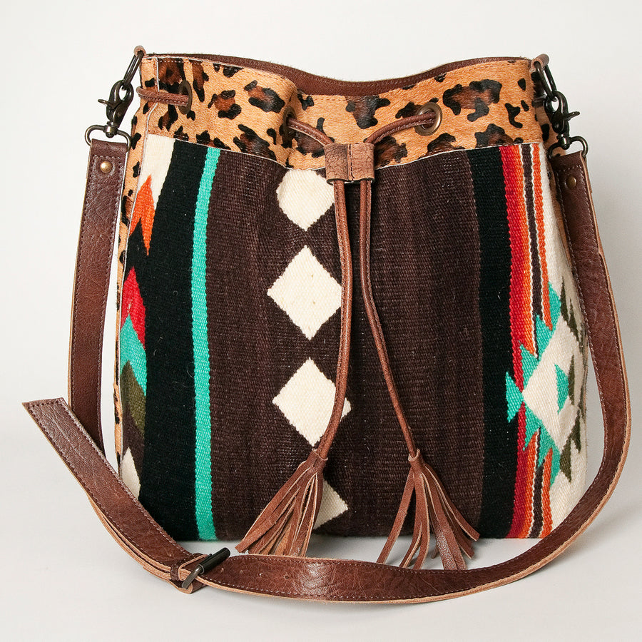 American Darling Bucket Bag Hand Woven Saddle Blanket Hair-On Cowhide Genuine Leather Western Purse with YKK Zipper