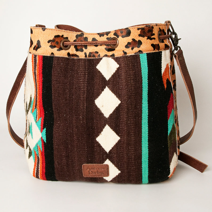 American Darling Bucket Bag Hand Woven Saddle Blanket Hair-On Cowhide Genuine Leather Western Purse with YKK Zipper