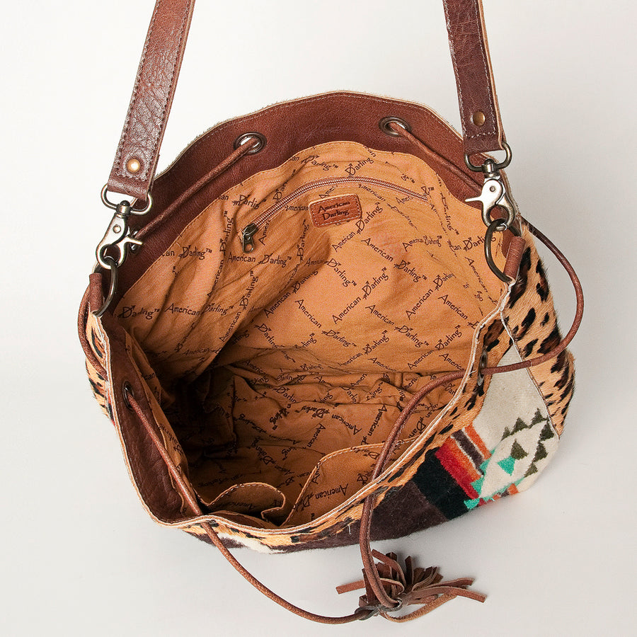 American Darling Bucket Bag Hand Woven Saddle Blanket Hair-On Cowhide Genuine Leather Western Purse with YKK Zipper