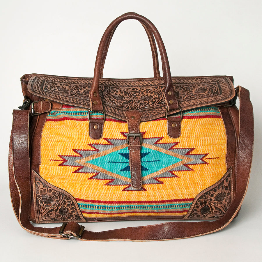 American Darling Duffel Bag Hand Tooled Floral Carved Hair-On Cowhide Genuine Vegetable Tanned Leather Travel Bag YKK Zipper