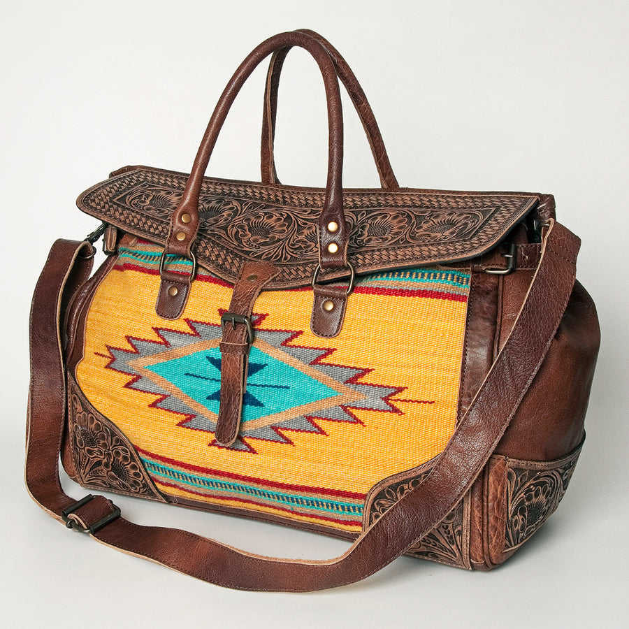 American Darling Hand Tooled Floral and Hand Woven Saddle Blanket Western Duffel Bag - Uhorse