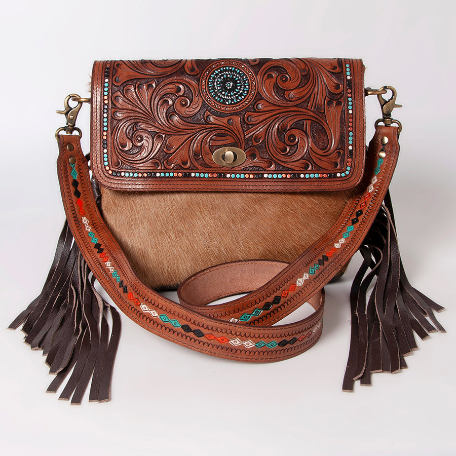 Ohlay Bags Western Hand Tooled Leather Crossbody Bag for Women, Hair On Cowhide Purse with Fringe