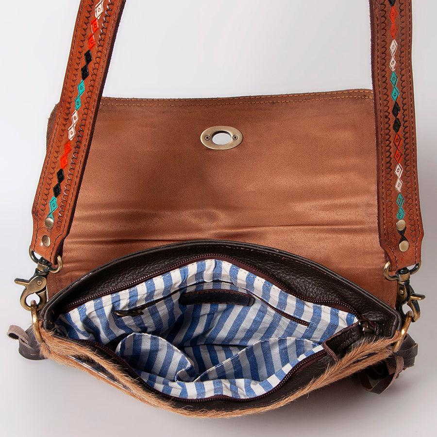 Ohlay Bags Western Hand Tooled Leather Crossbody Bag for Women, Hair On Cowhide Purse with Fringe