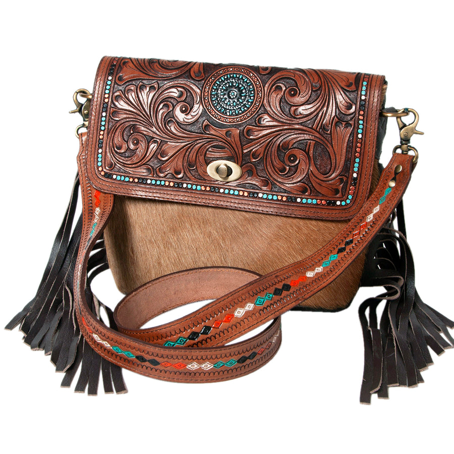 CROSS BODY Hand Tooled Saddle Leather with Cowhide Ladies Bag KBK1 - Uhorse