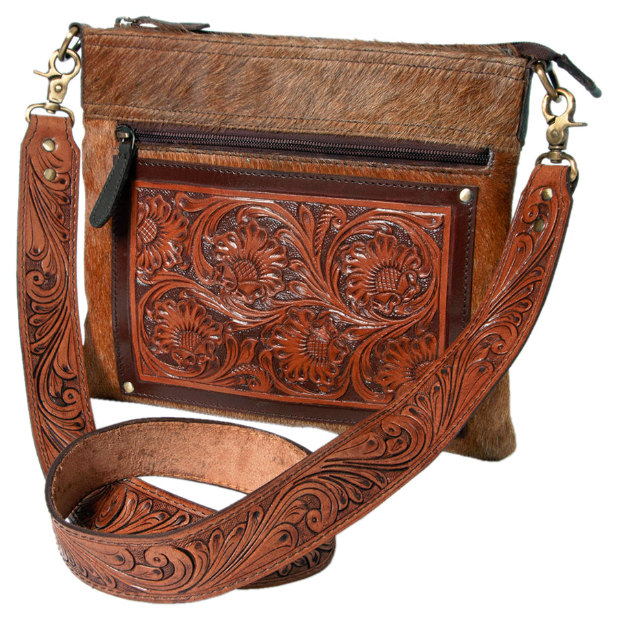 KBK110 Ohlay W. Genuine Hair-On Leather Hand Tooled Women Crossbody by Hilason – Cowboy and equestrian accessories