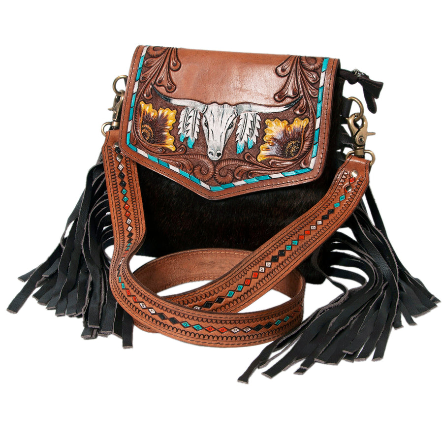 OHLAY Messenger Hand Tooled Hair-on Genuine Leather women bag western handbag purse - Uhorse