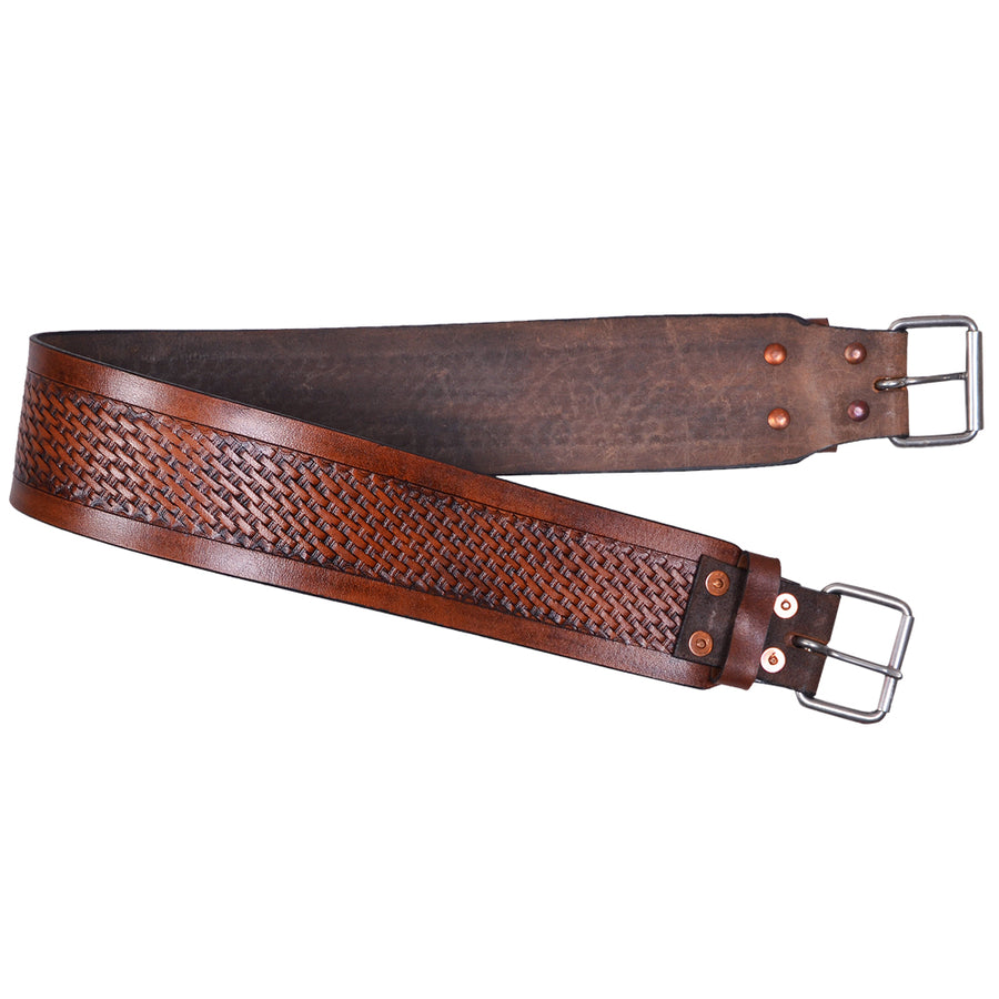 Comfytack Horse Saddle Cinch Girth Handtooled Basketweave Leather Brown - Hilason