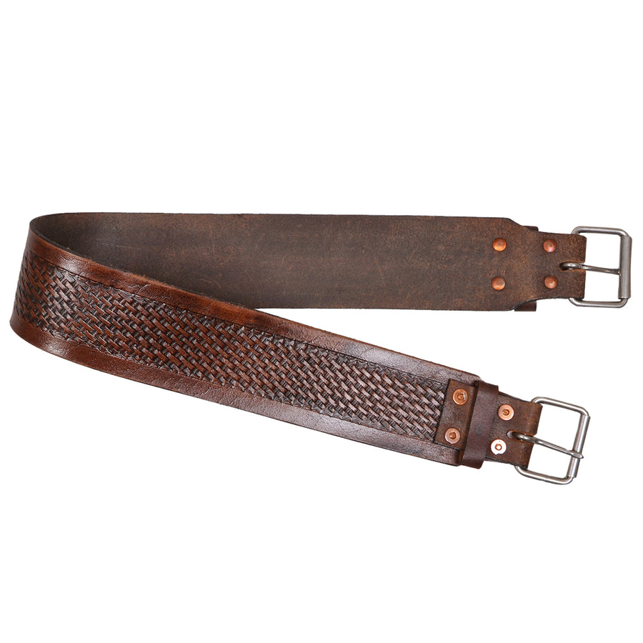 Comfytack Horse Saddle Cinch Girth Handtooled Basketweave Leather Antique Brown - Hilason