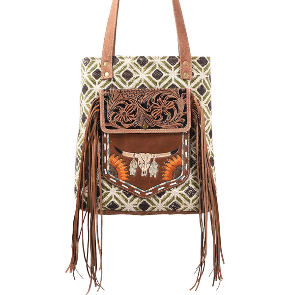 OHLAY KB367 TOTE Hand Tooled Upcycled Wool Canvas Genuine Leather by Hilason – Cowboy and equestrian accessories