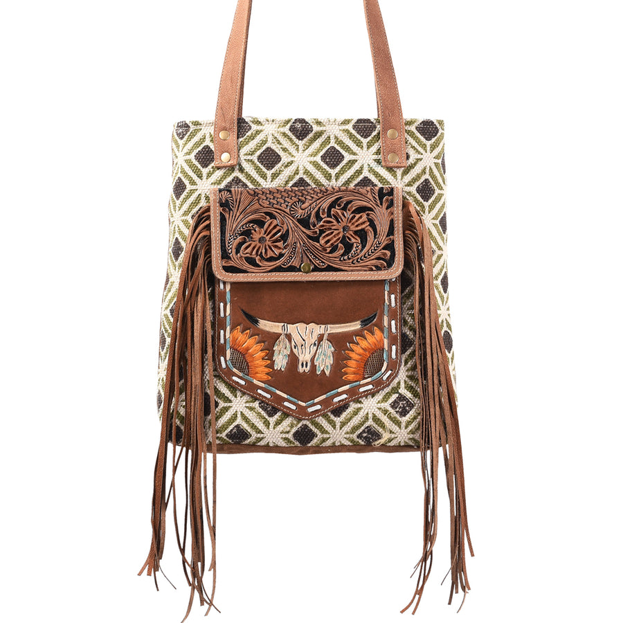 OHLAY KB367 TOTE Hand Tooled Upcycled Wool Canvas Genuine Leather by Hilason – Cowboy and equestrian accessories