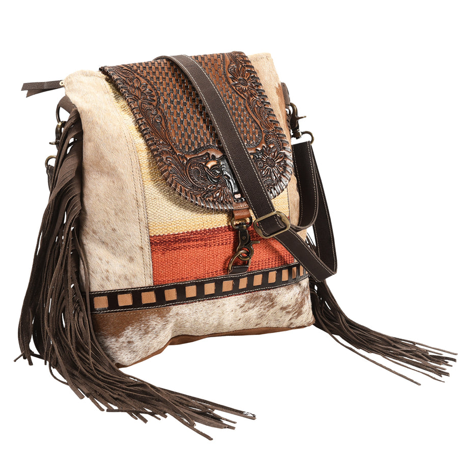 OHLAY Messenger Hand Tooled Upcycled Wool Upcycled Canvas Hair-on Genuine Leather women bag western handbag purse - Uhorse
