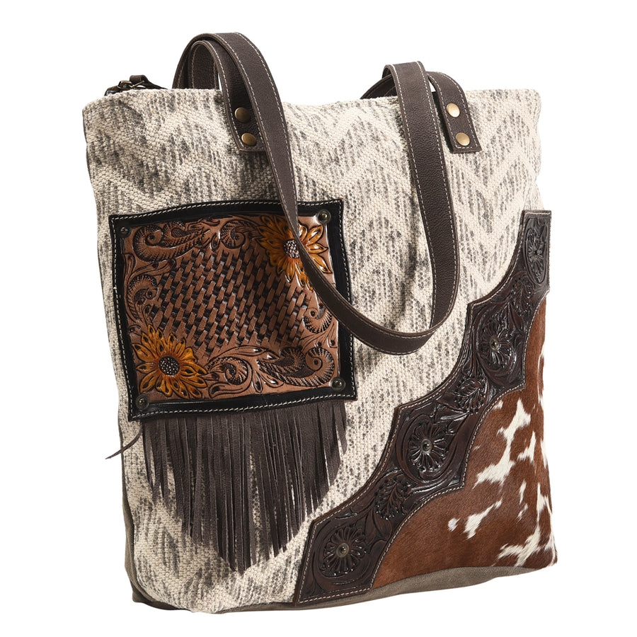 OHLAY KB373 TOTE Hand Tooled Upcycled Wool Canvas Hair-on Genuine by Hilason – Cowboy and equestrian accessories