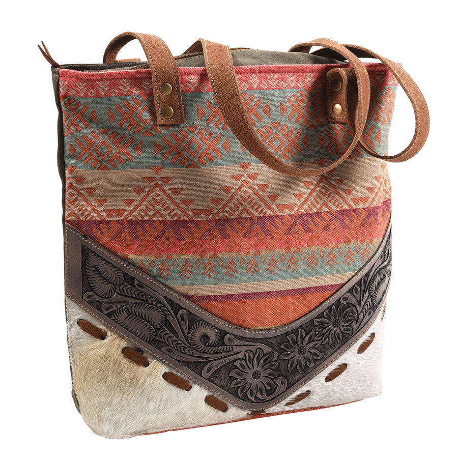 OHLAY KB376 TOTE Hand Tooled Upcycled Wool Canvas Hair-on Genuine by Hilason – Cowboy and equestrian accessories