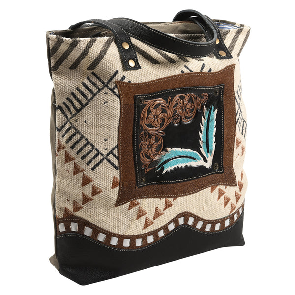 OHLAY KB386 TOTE Hand Tooled Upcycled Wool Canvas Genuine Leather by Hilason – Cowboy and equestrian accessories