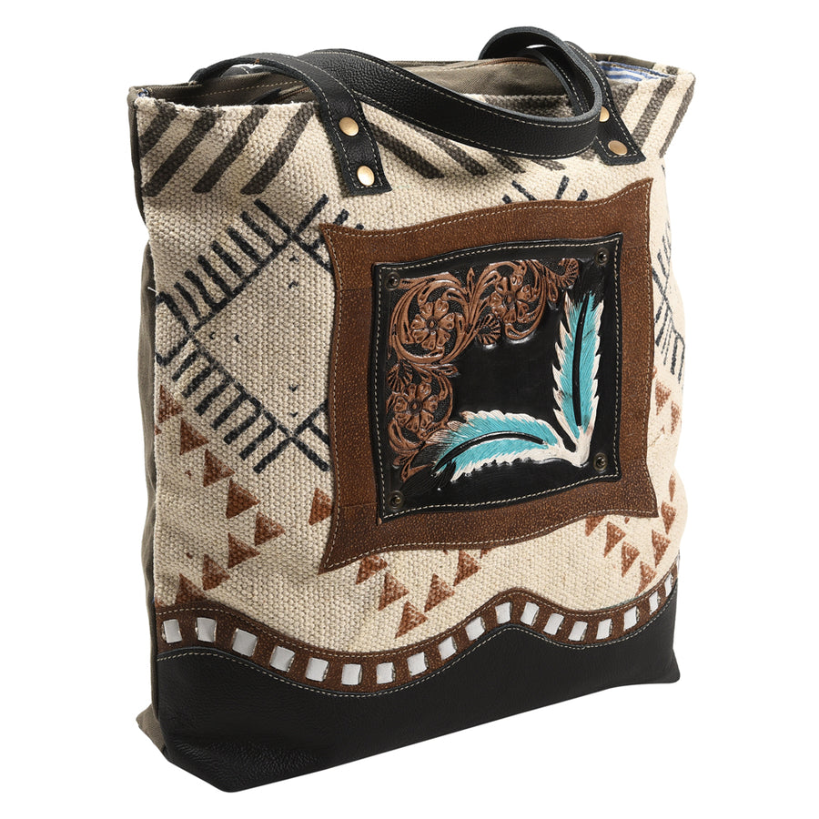 OHLAY KB386 TOTE Hand Tooled Upcycled Wool Canvas Genuine Leather by Hilason – Cowboy and equestrian accessories