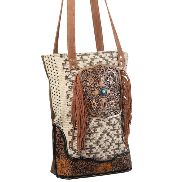 OHLAY KB394 TOTE Hand Tooled Upcycled Wool Canvas Genuine Leather by Hilason – Cowboy and equestrian accessories