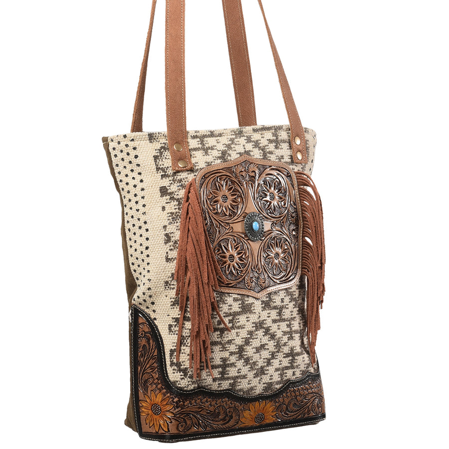 OHLAY KB394 TOTE Hand Tooled Upcycled Wool Canvas Genuine Leather by Hilason – Cowboy and equestrian accessories