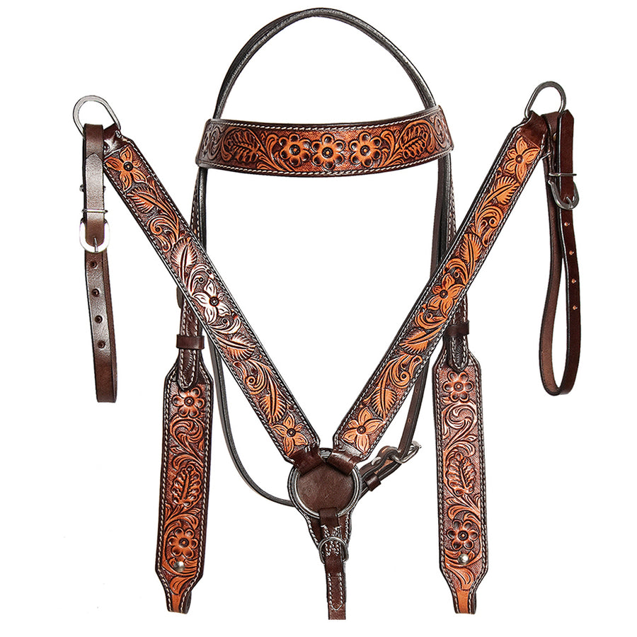 HILASON Western American Leather Horse Headstall and Breast Collar Floral Carved Tack Set Dark Brown - Uhorse
