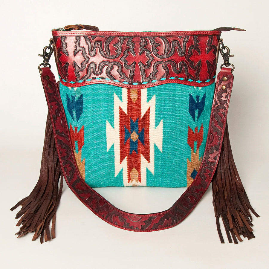American Darling Signature Cross Body Bag Hand Tooled Floral Carved Leather Woven Saddle Blanket Fringes Genuine Leather