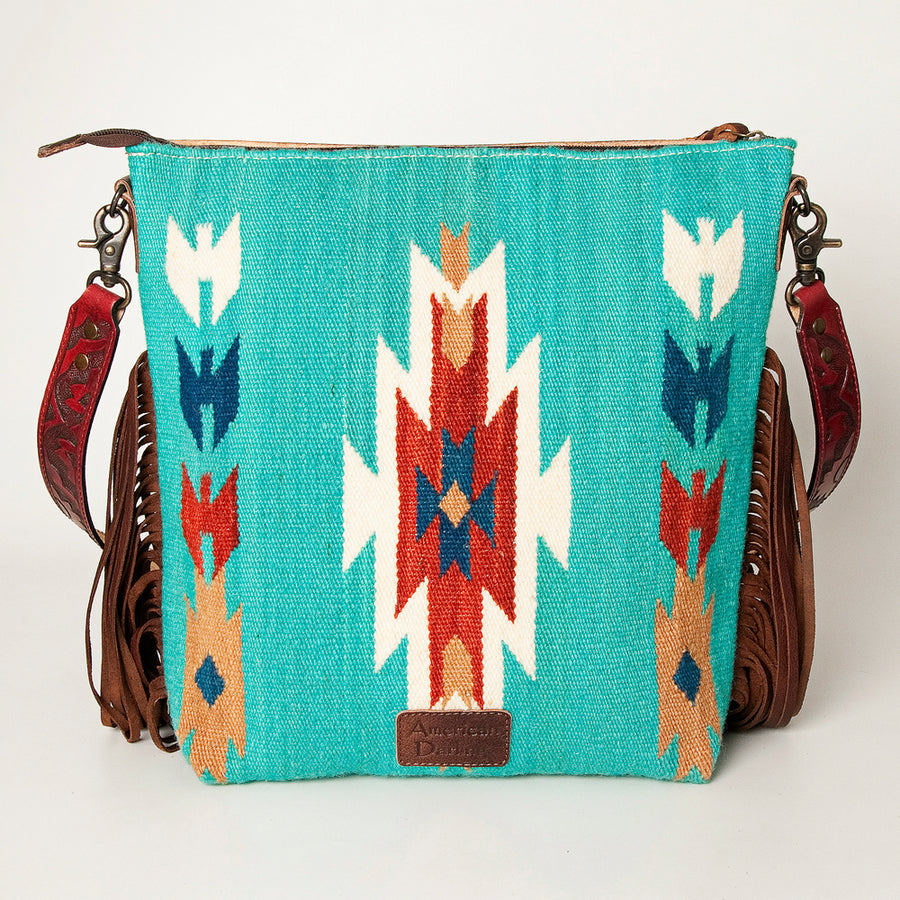 American Darling Signature Cross Body Bag Hand Tooled Floral Carved Leather Woven Saddle Blanket Fringes Genuine Leather