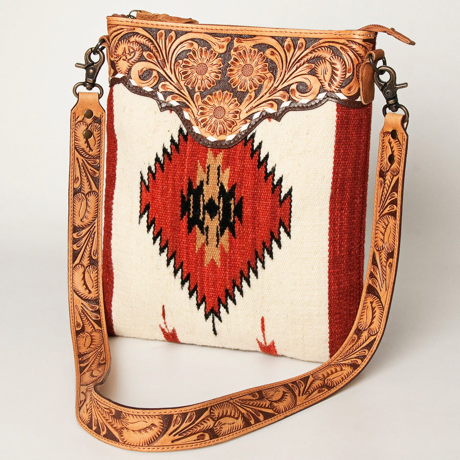 American Darling Large Cross body Bag Hand Tooled Floral Carved Genuine Leather Hand Woven Saddle Blanket Western Purse for Women