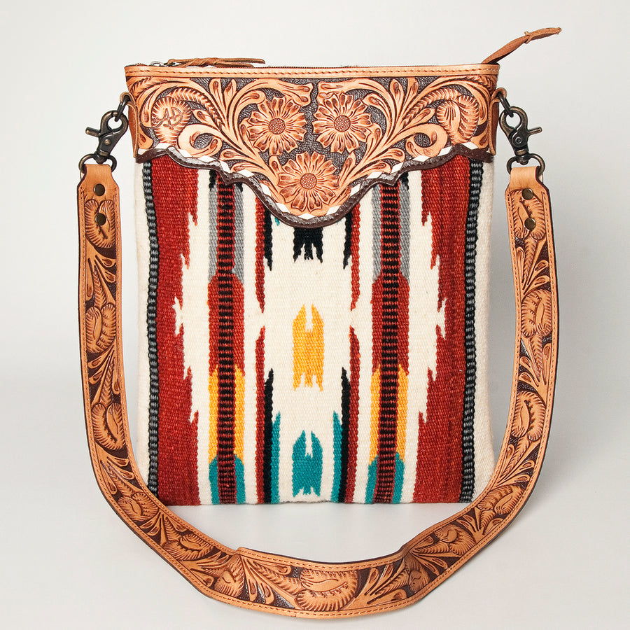 American Darling Large Cross body Bag Hand Tooled Floral Carved Genuine Leather Hand Woven Saddle Blanket Western Purse for Women