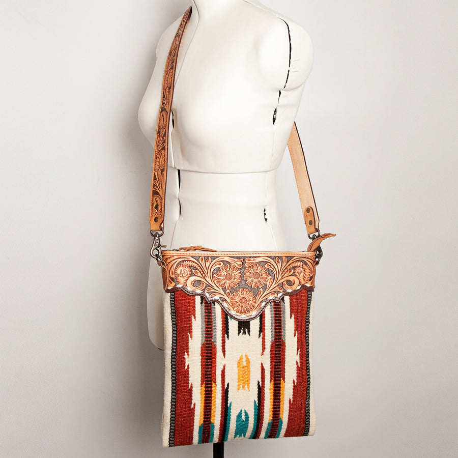 American Darling Large Cross body Bag Hand Tooled Floral Carved Genuine Leather Hand Woven Saddle Blanket Western Purse for Women