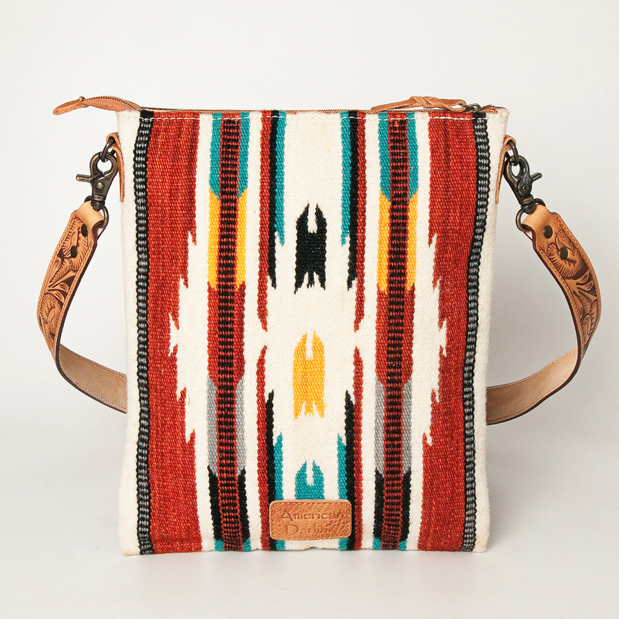 American Darling Large Cross body Bag Hand Tooled Floral Carved Genuine Leather Hand Woven Saddle Blanket Western Purse for Women