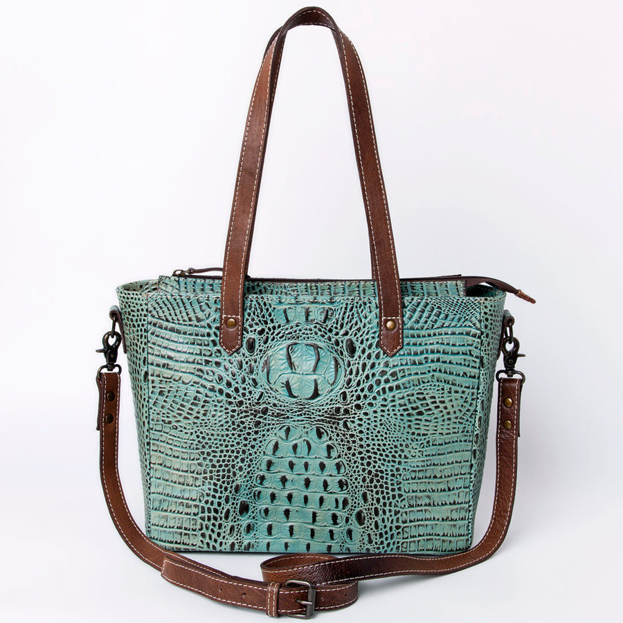 American Darling Western Leather Tote Bag, Crocodile Embossed Full Grain Genuine Leather, Eco-Friendly Handcrafted Purses