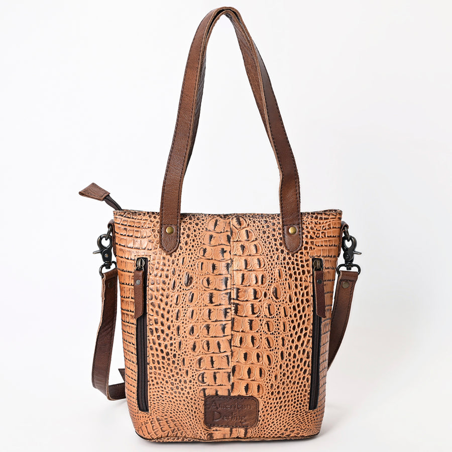 American Darling Western Leather Tote Bag, Crocodile Embossed Full Grain Genuine Leather, Eco-Friendly Handcrafted Purses