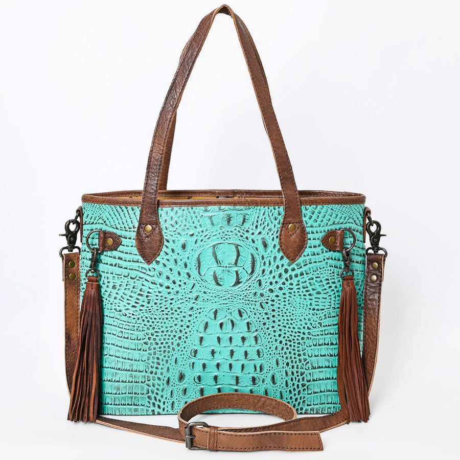 American Darling Western Leather Tote Bag, Crocodile Embossed Full Grain Genuine Leather, Eco-Friendly Handcrafted Purses