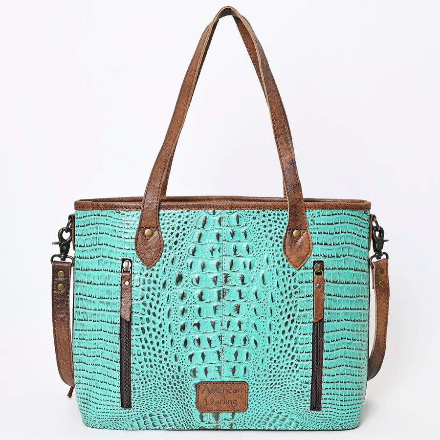 American Darling Western Leather Tote Bag, Crocodile Embossed Full Grain Genuine Leather, Eco-Friendly Handcrafted Purses