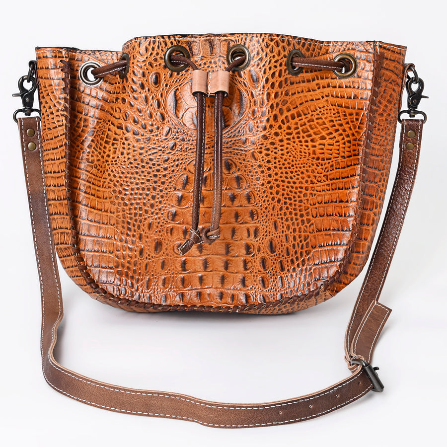 American Darling Western Bucket Bag, Crocodile Embossed Full Grain Genuine Leather, Eco-Friendly Drawstring Purse