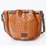 American Darling Western Bucket Bag, Crocodile Embossed Full Grain Genuine Leather, Eco-Friendly Drawstring Purse