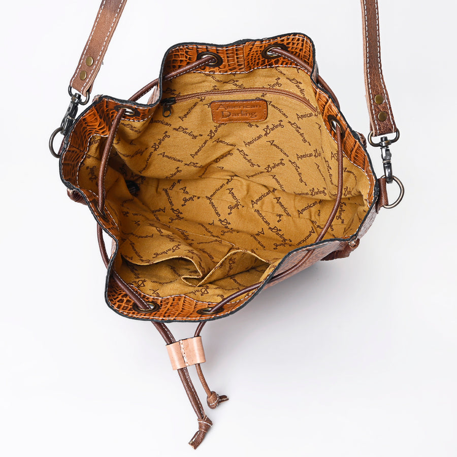 American Darling Western Bucket Bag, Crocodile Embossed Full Grain Genuine Leather, Eco-Friendly Drawstring Purse