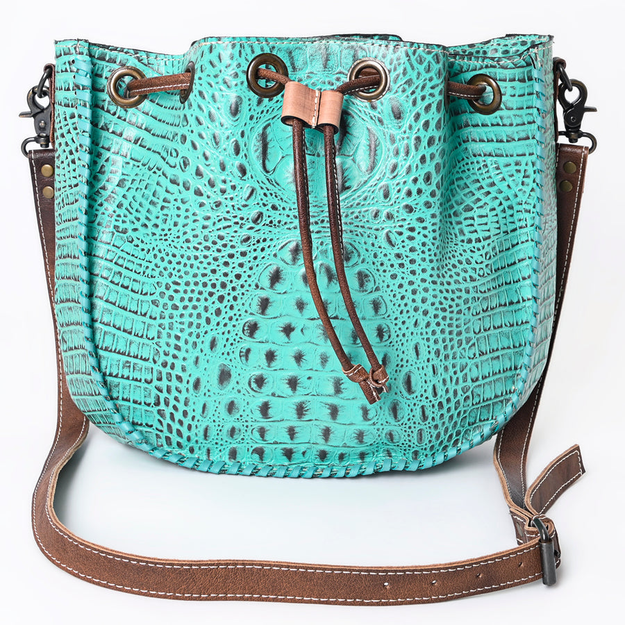 American Darling Western Bucket Bag, Crocodile Embossed Full Grain Genuine Leather, Eco-Friendly Drawstring Purse
