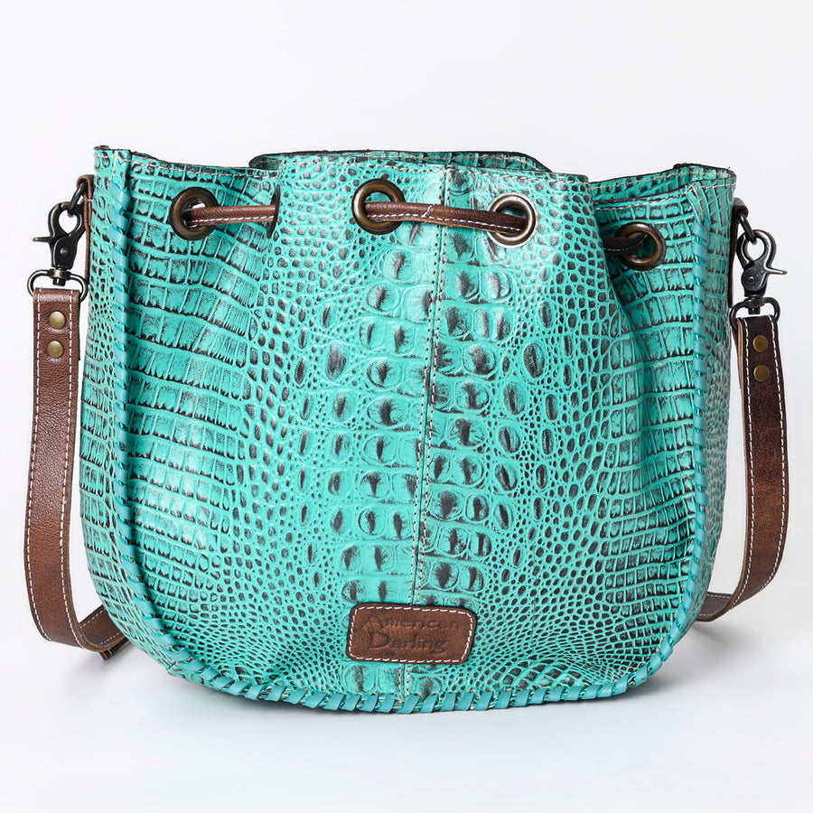American Darling Western Bucket Bag, Crocodile Embossed Full Grain Genuine Leather, Eco-Friendly Drawstring Purse