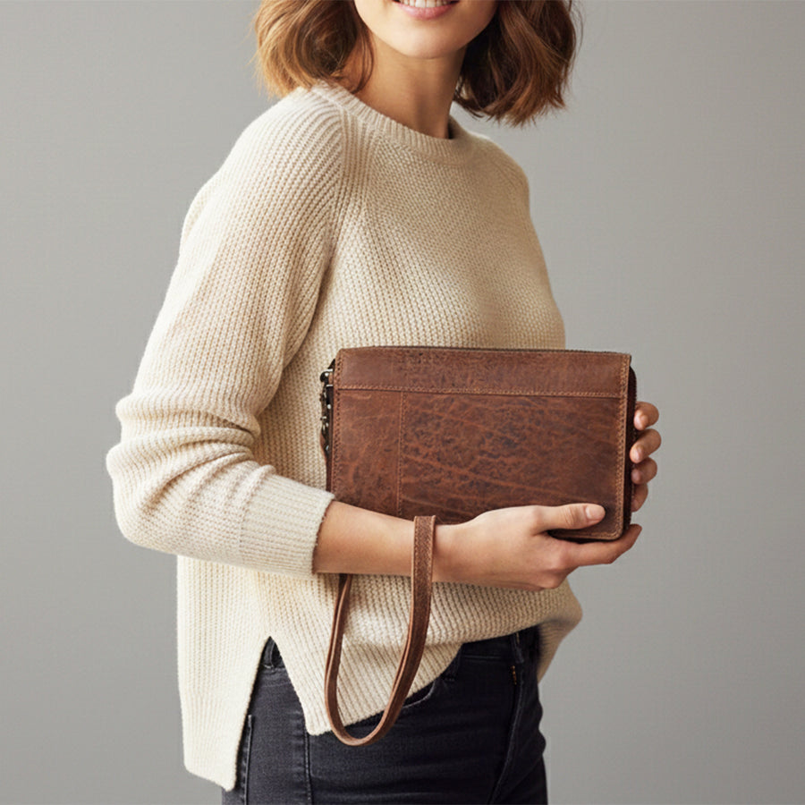Spaghetti Western Swc454Brn Wallet Vintage Handmade Drum Dyed Genuine European Cowhide Leather Women Bag Western Handbag Purse