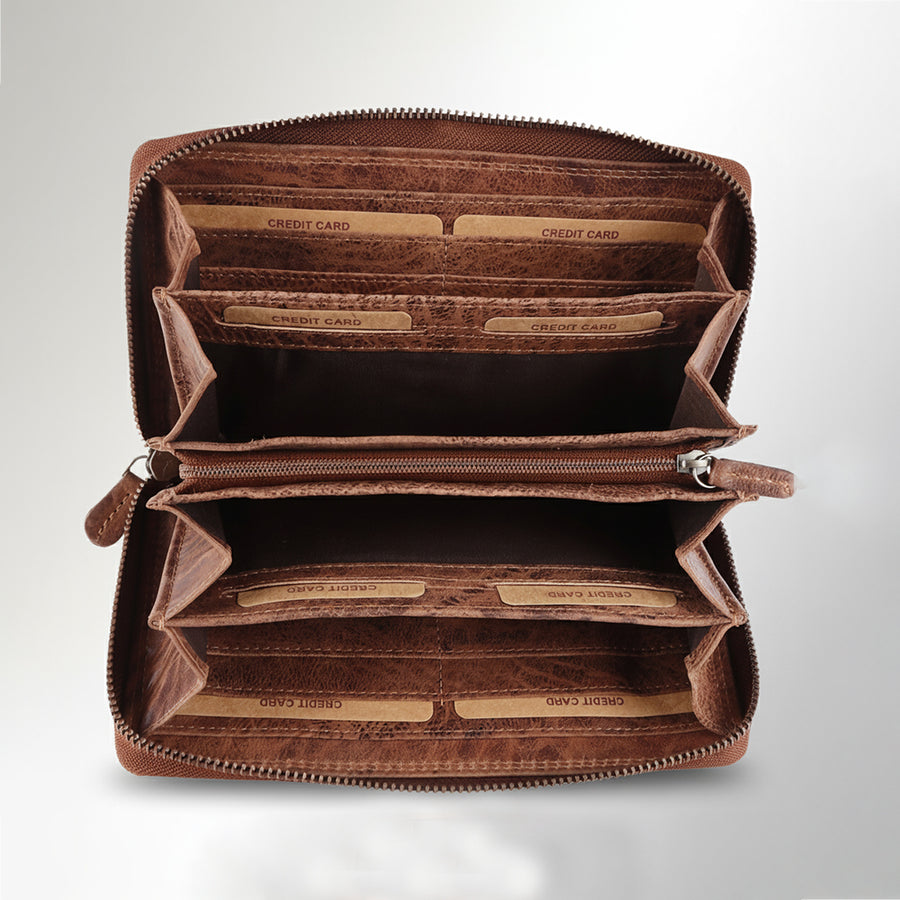 Spaghetti Western Swc455Brn Wallet Vintage Handmade Drum Dyed Genuine European Cowhide Leather Women Bag Western Handbag Purse
