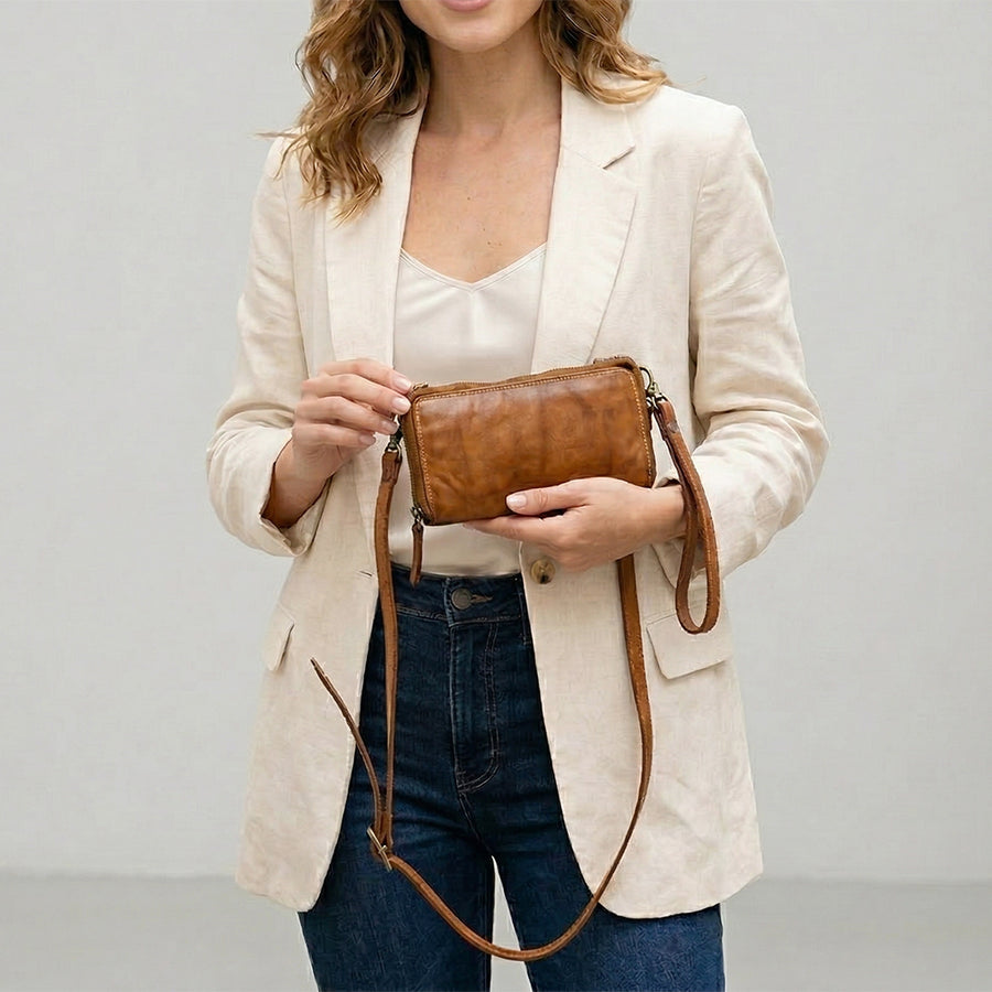Spaghetti Western Swc448Tan Wallet Vintage Handmade Drum Dyed Genuine European Cowhide Leather Women Bag Western Handbag Purse